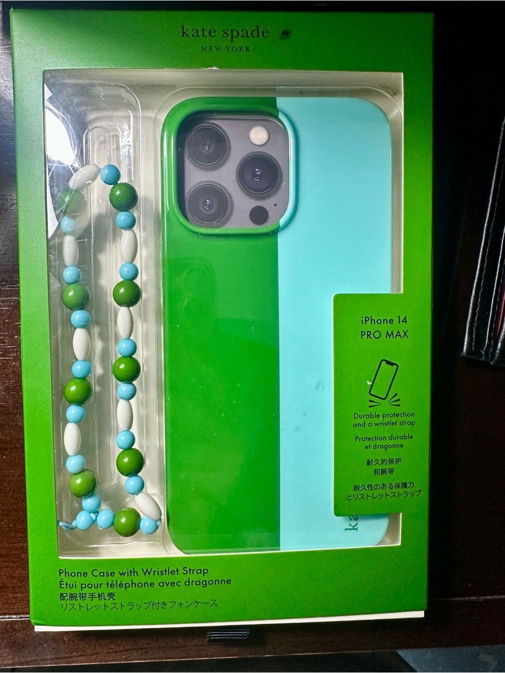 kate spade Green and Aqua Two-Tone iPhone 14 Pro Max Case with Beaded Wristlet